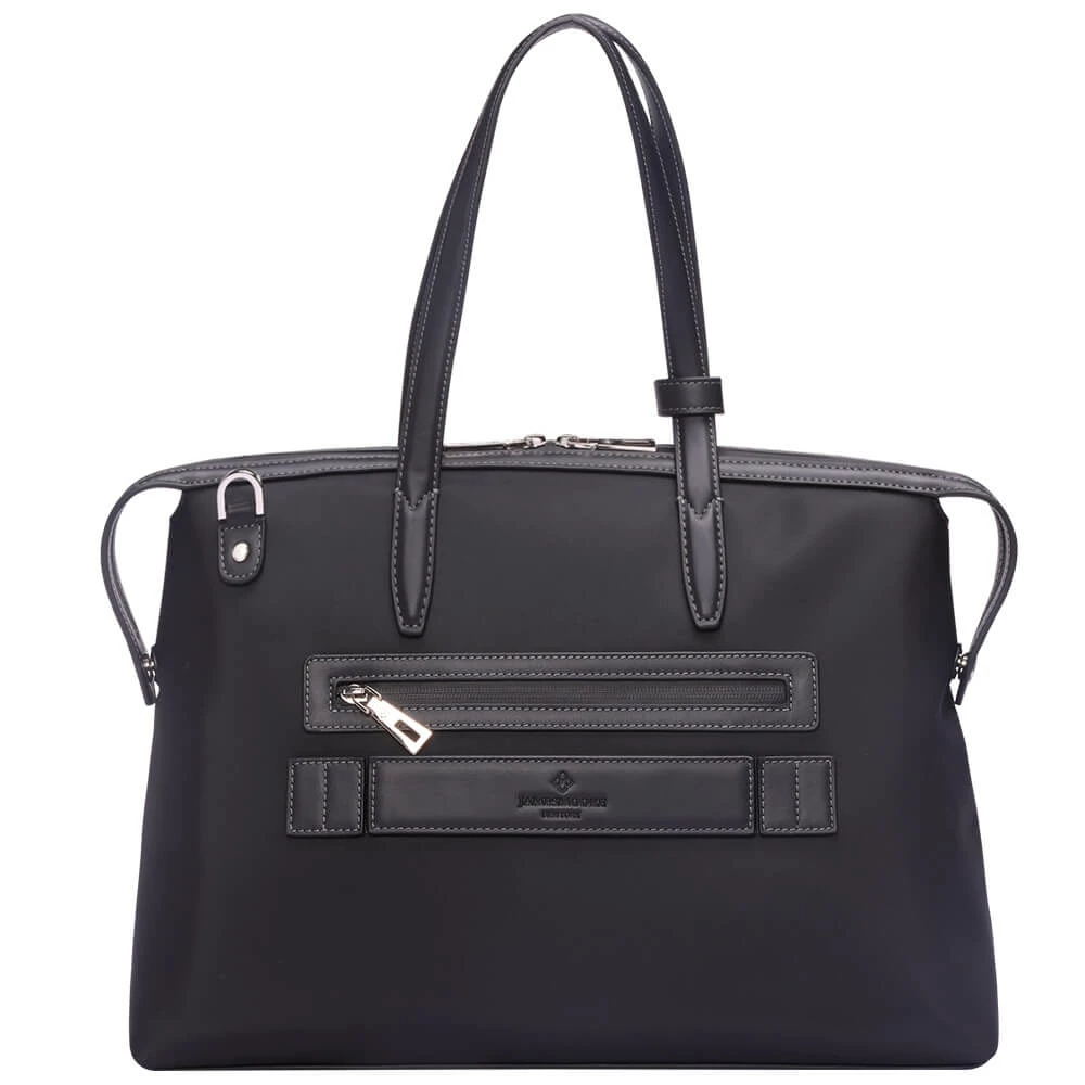 The Medium Kyoto Zip Tote Bag in Black Nylon and Black Leather_Back 1