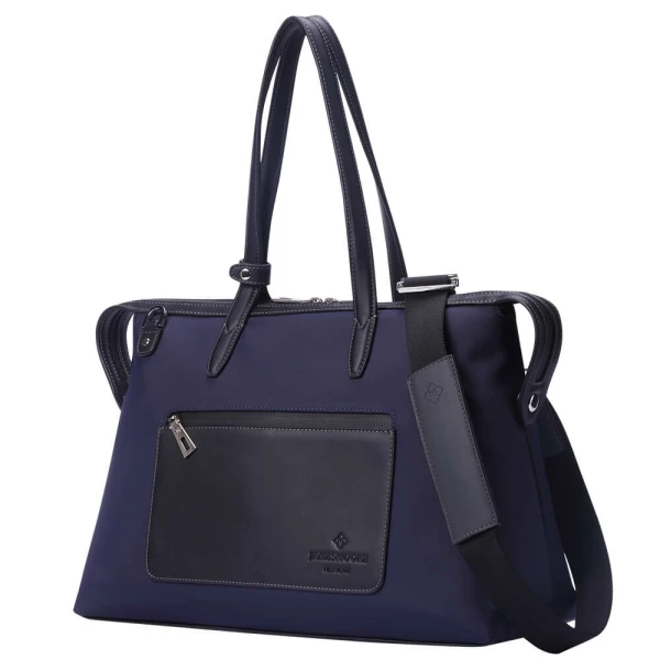 The Medium Kyoto Zip Tote Bag in Blue Nylon and Black Leather_Side