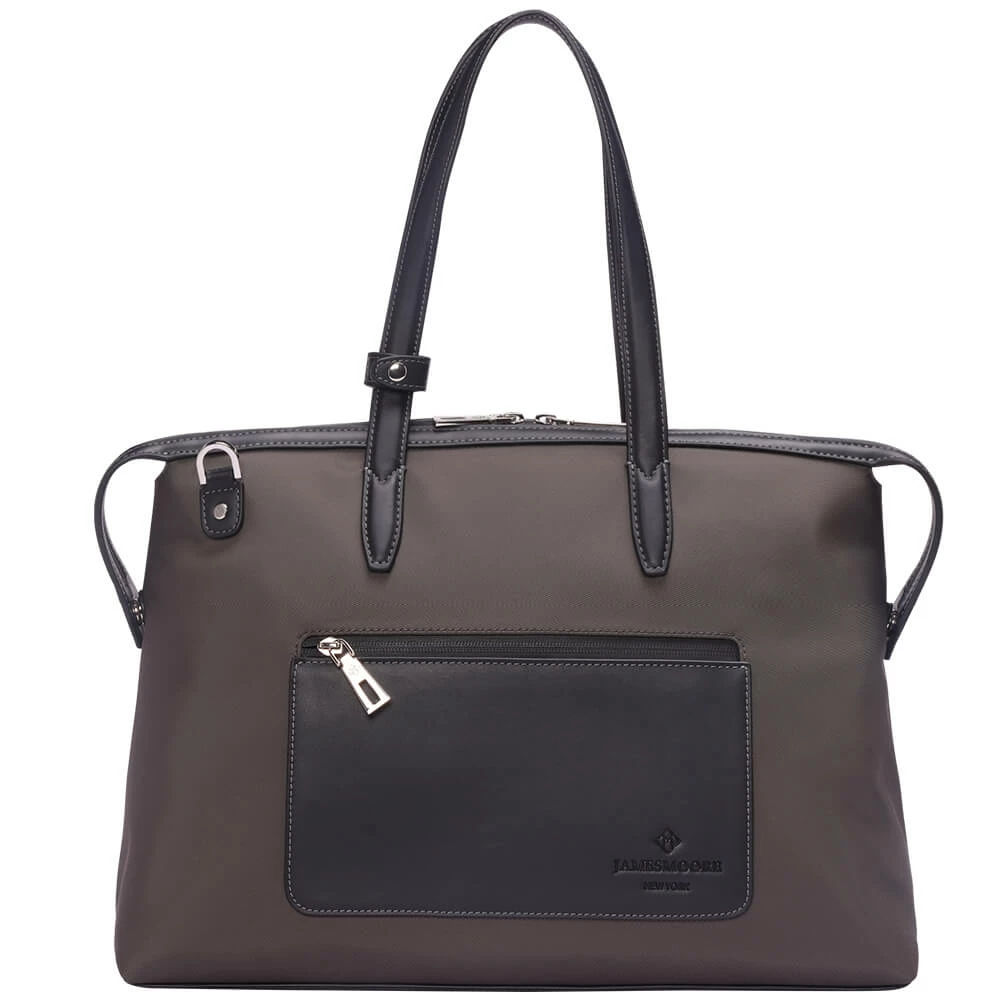 The Medium Kyoto Zip Tote Bag in Brown Nylon and Black Leather_Front 1