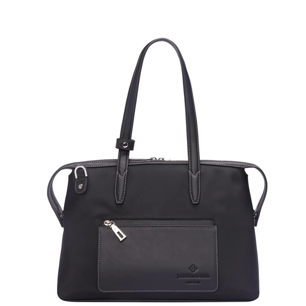 黒いナイロンおよび黒いLeather_Front 1の小さい京都Zipトートバッグ