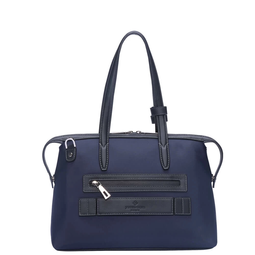 青色のナイロンおよび黒いLeather_Backの小さい京都Zipトートバッグ