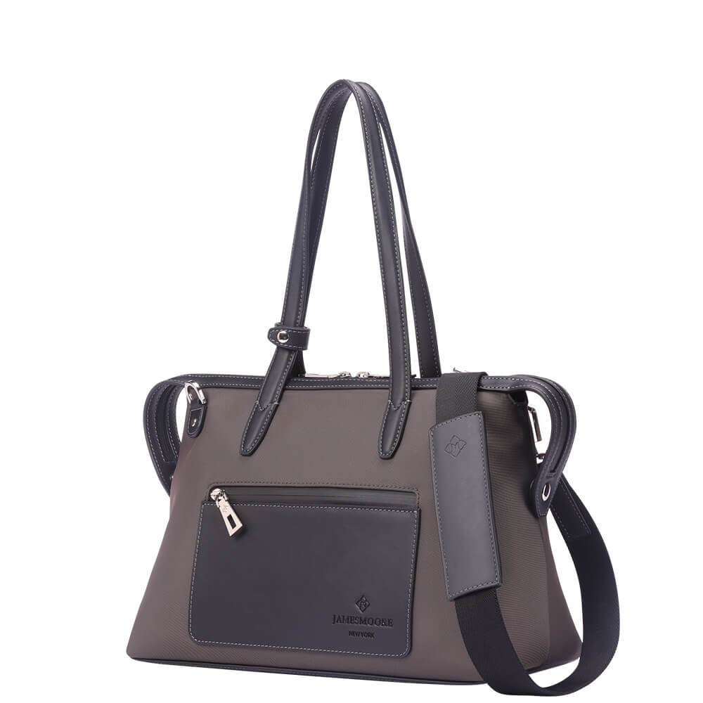 茶色のナイロンおよび黒いLeather_Sideの小さい京都Zipトートバッグ