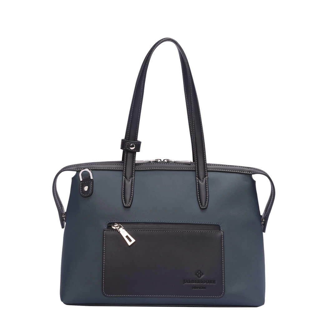 灰色のナイロンおよび黒いLeather_Front 1の小さい京都Zipトートバッグ