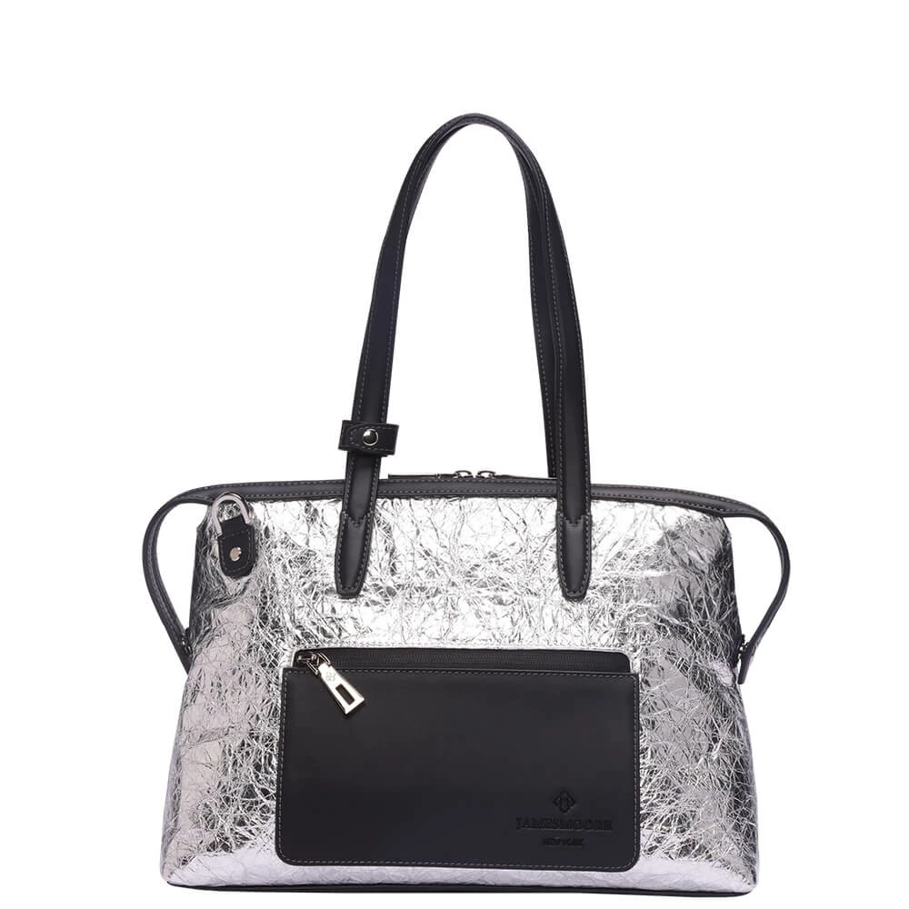 銀のナイロンおよび黒い革前1の小さい京都Zipトートバッグ