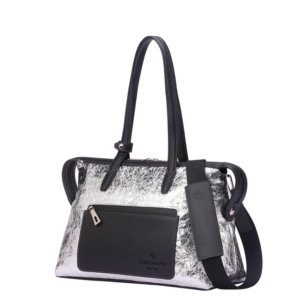 銀のナイロンおよび黒い革側の小さい京都Zipトートバッグ