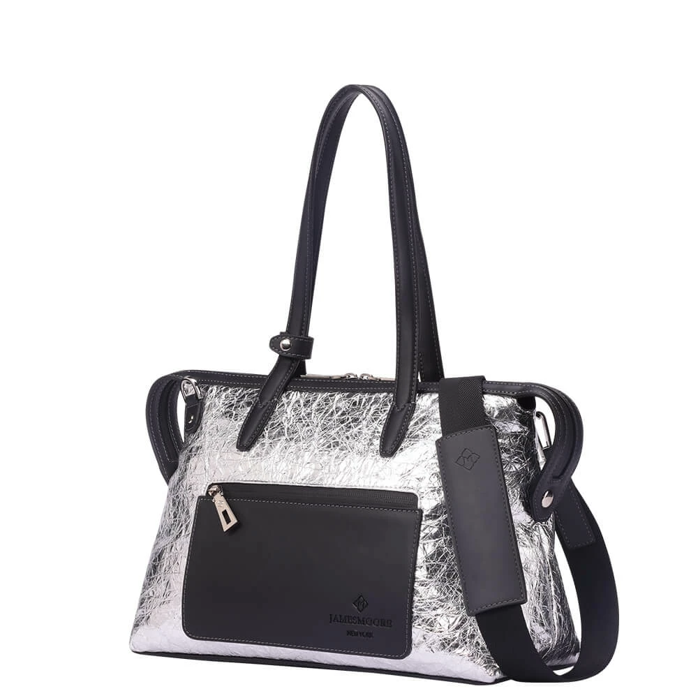 銀のナイロンおよび黒い革側の小さい京都Zipトートバッグ